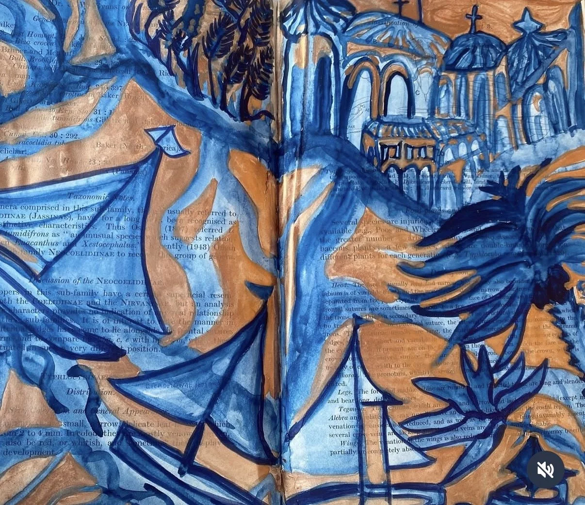 Artwork depicting a blue and orange landscape with trees, a waterfall, and a castle in the background, painted on pages of a book.