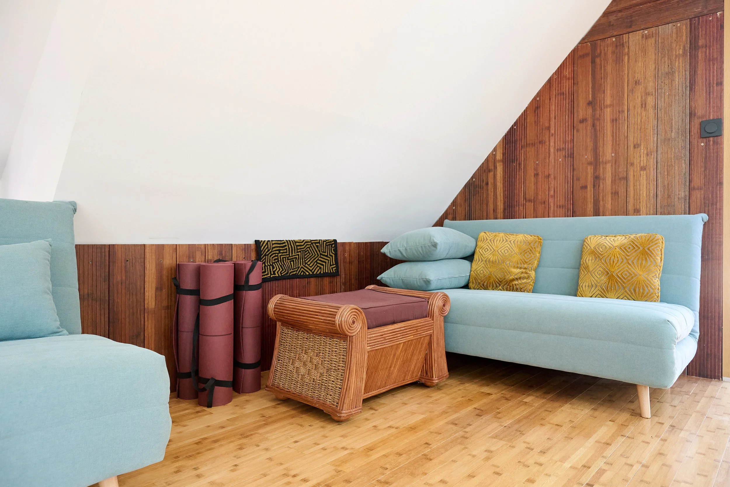 Living room with light blue sofas, a wooden wall, and a sloped ceiling.