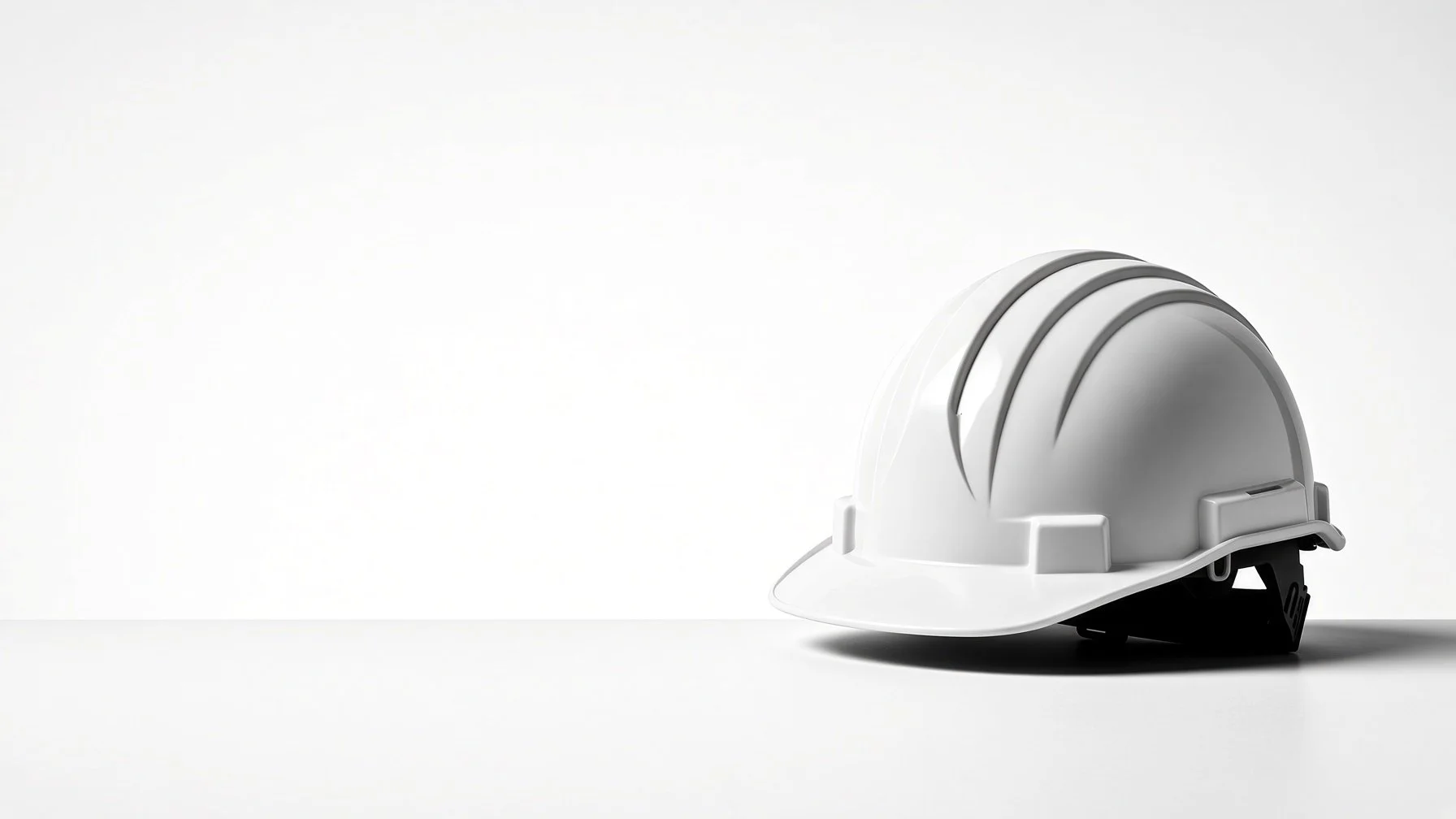 A white construction safety helmet with black adjustment strap, placed on a white surface against a plain white background.