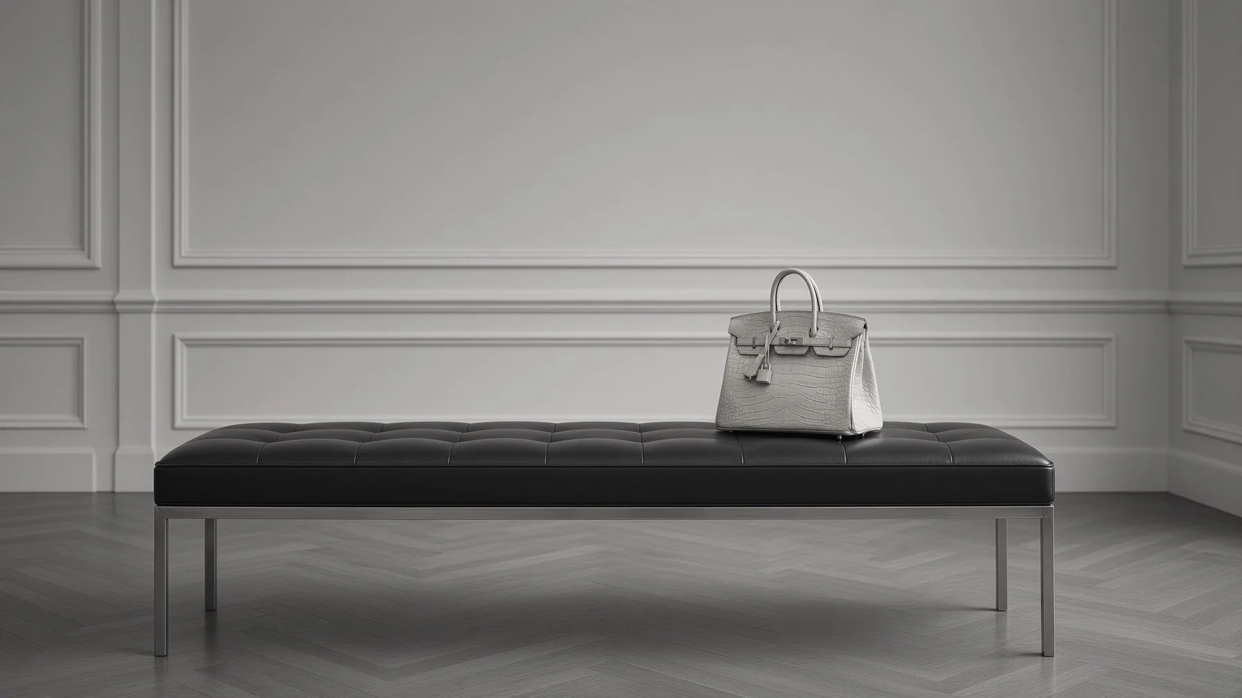 Gray crocodile-pattern handbag on a black leather bench.