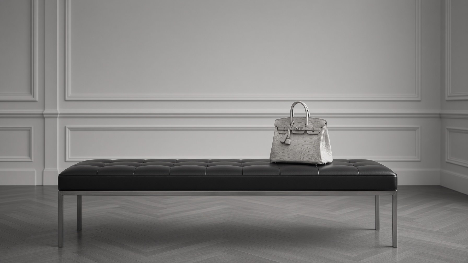 A gray handbag with a crocodile pattern placed on a black leather bench in a minimalistic room with white paneled walls.