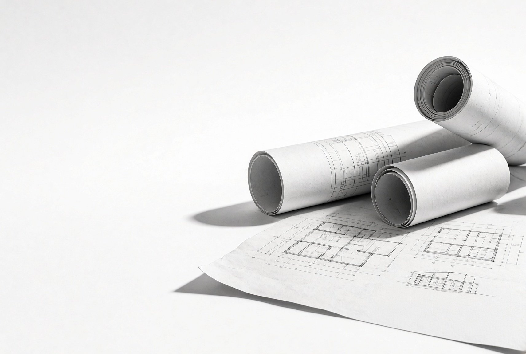 Blueprints and rolled architectural drawings on white paper and surface, with shadow details.