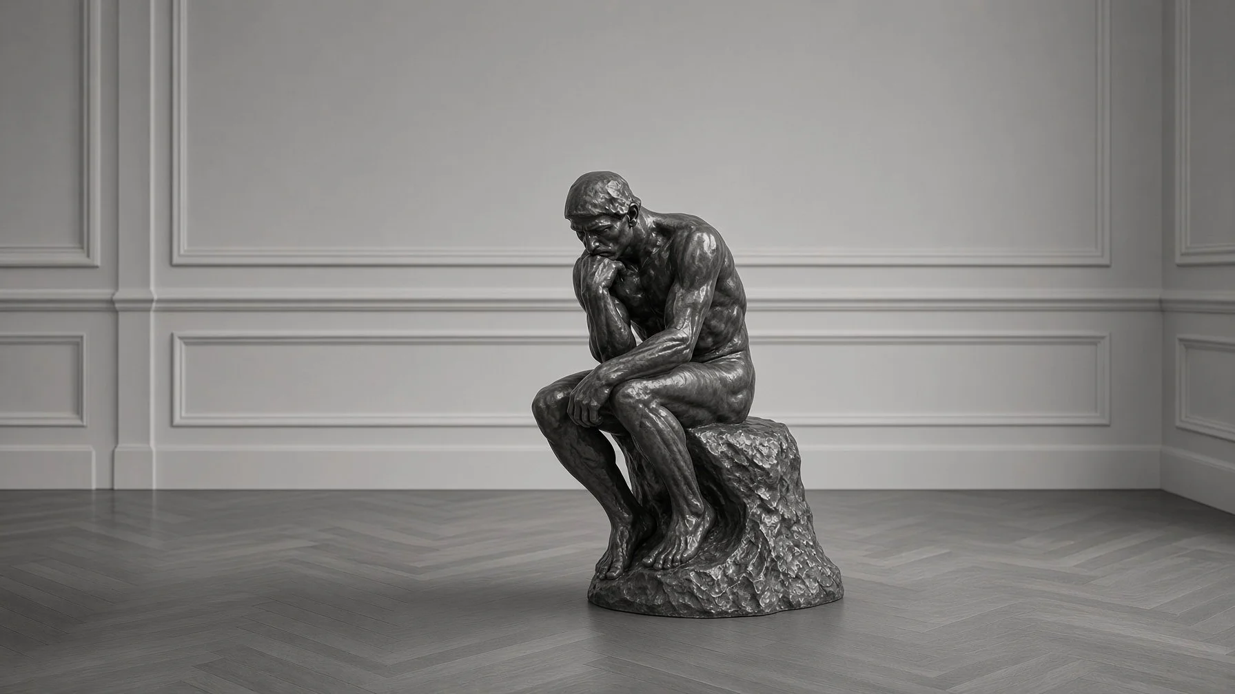 Bronze sculpture of a man sitting on a rock with his chin resting on his hand, in a gallery with white paneled walls and wooden floors.