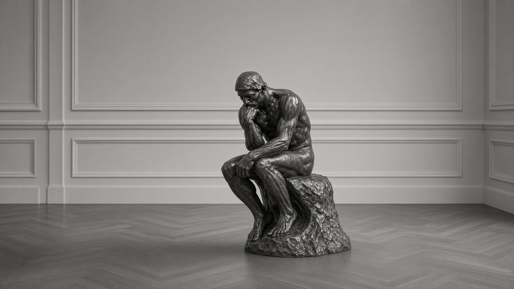 Bronze sculpture of a man sitting on a rock with his chin resting on his hand, in a gallery with white paneled walls and wooden floors.