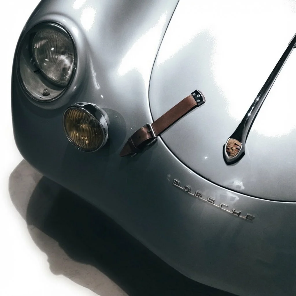 Close-up of a silver Porsche 356 with its front left headlight, a brown leather strap, and a windshield wiper.