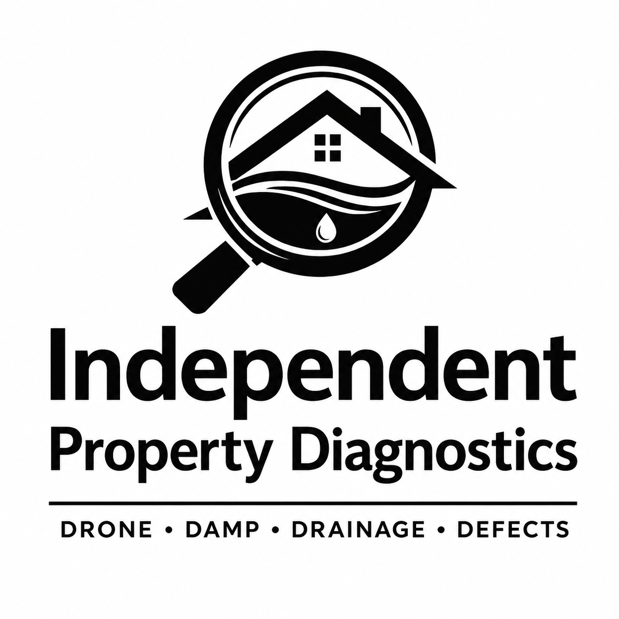 Logo for Independent Property Diagnostics featuring a magnifying glass with a house, water droplets, and waves inside, indicating inspection services for water and property issues, with text emphasizing drone, damp, drainage, and defects.