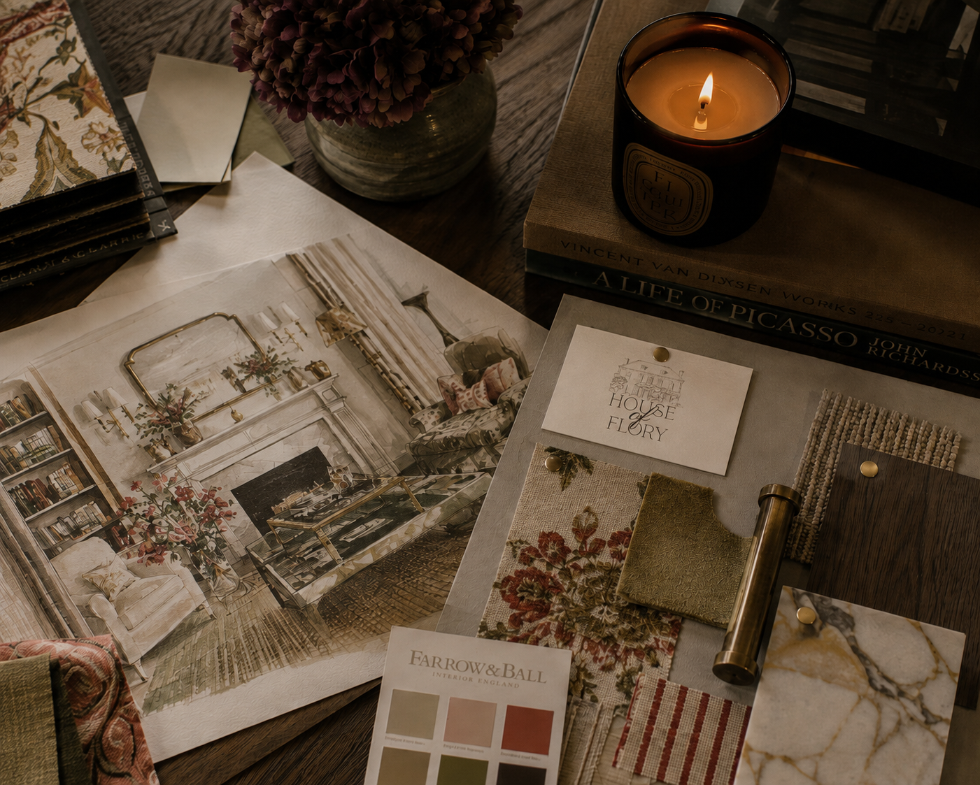 A workspace with interior design materials, including fabric swatches, a mood board, interior design magazine, candles, books, and samples of paint and wallpaper.