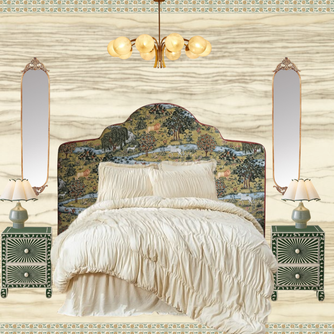 Elegant bedroom with a large bed featuring a decorative headboard with a tapestry design, cream-colored bedding, two matching nightstands with lamps, and tall mirrors on either side. A gold chandelier hangs above.