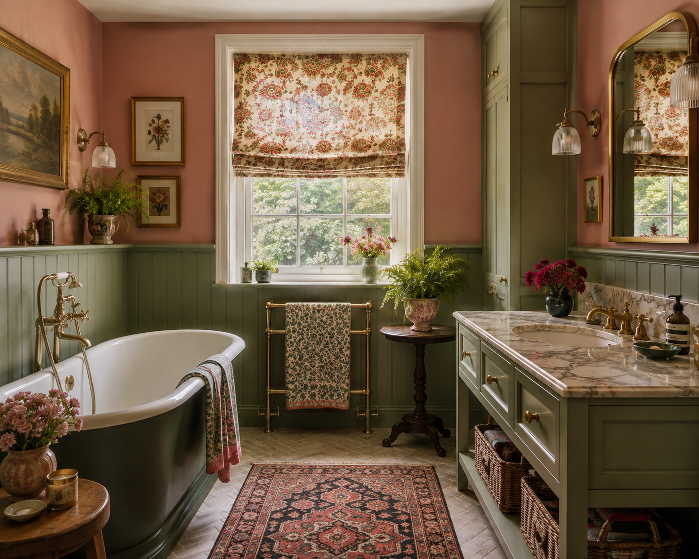 A cozy vintage-style bathroom with a clawfoot bathtub, green wainscoting, pink walls, floral window shades, and various plants and decorative items.