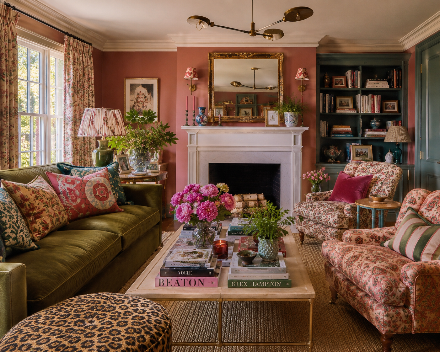 Living room with a white fireplace, surrounded by pink walls, pink floral curtains, and a large mirror above the fireplace. The room has vintage-style furniture including a green velvet sofa with colorful patterned cushions, two patterned armchairs on the right, and a leopard-print ottoman in the foreground. There are pink flowers on the coffee table, books, and various decorative items including lamps, vases, and framed photos. Large windows let in natural light.