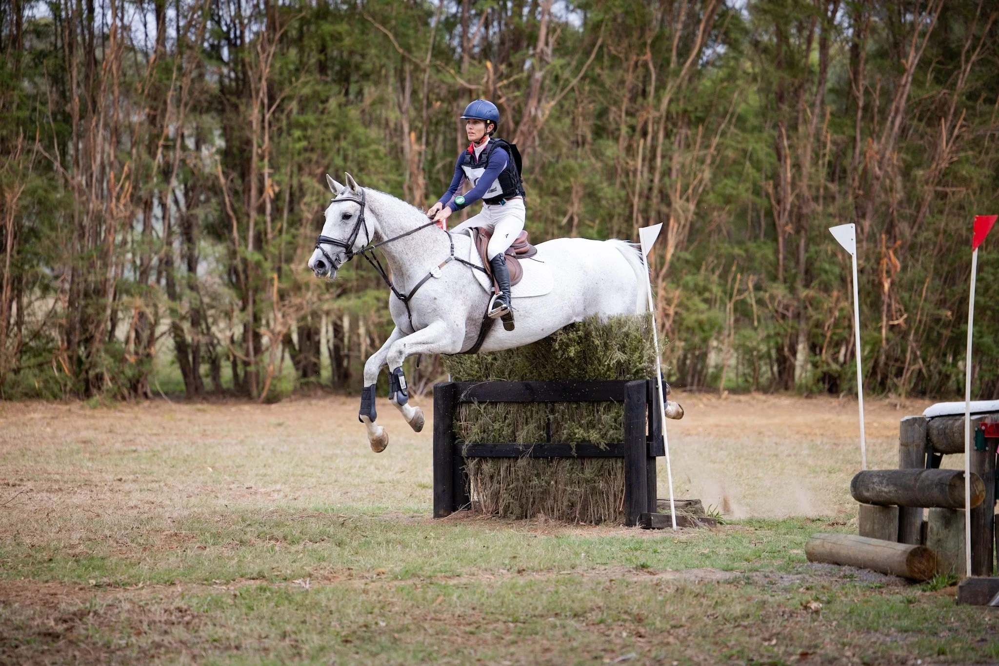 A female equestrian rider wearing a helmet, riding a white horse as they jump over an obstacle during an eventing competition in an outdoor arena surrounded by trees.