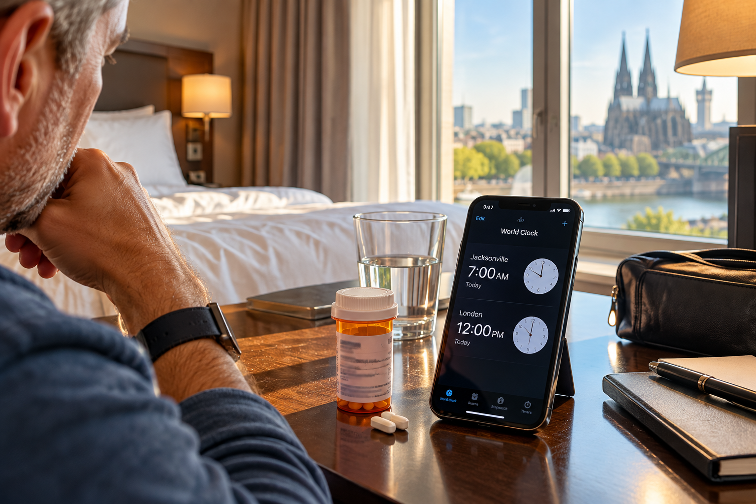 Prescription medication and a smartphone displaying different time zones on a hotel table as a traveler considers when to take the next dose.