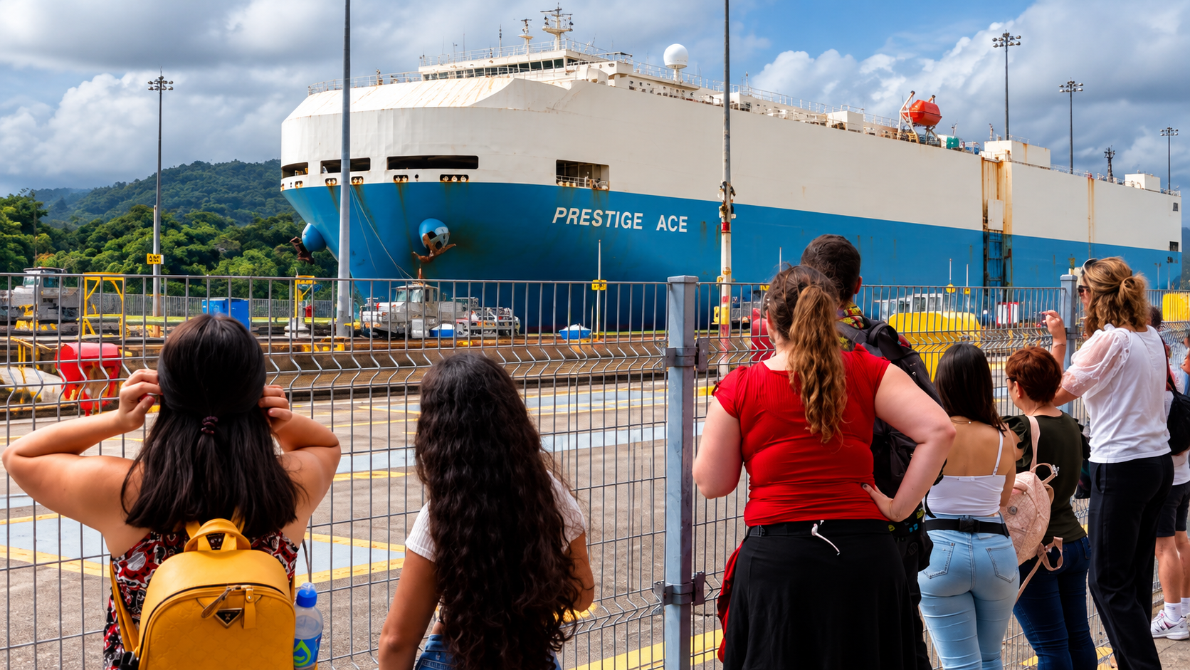 Visitors gathered along the Miraflores Locks observation area watching the car carrier Prestige Ace pass through the Panama Canal.