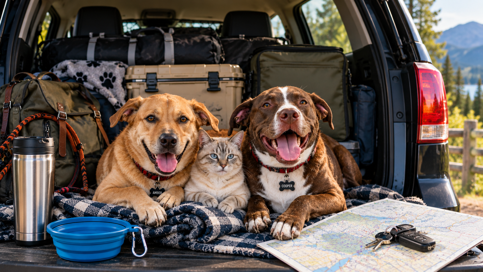 wo dogs beside a vehicle packed with pet gear for a scenic road trip.