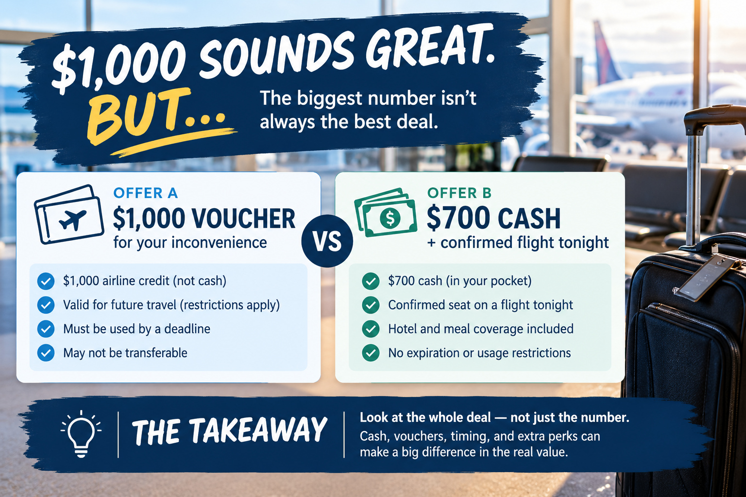 Comparison of a $1,000 airline travel voucher with an uncertain overnight delay versus $700 cash with a confirmed flight and covered expenses, showing why the larger offer may not be the better deal.