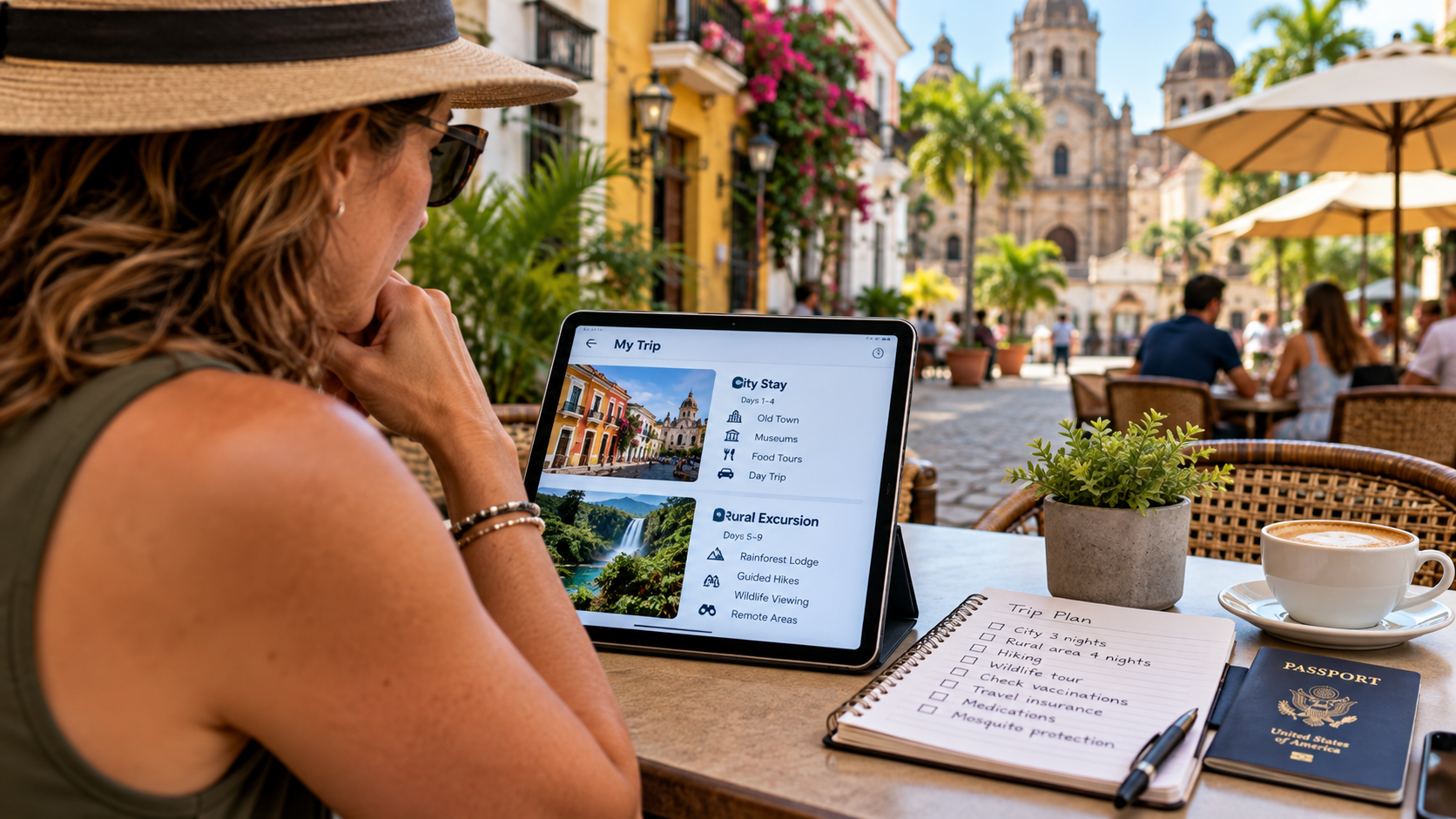 A traveler reviews an international itinerary that includes both city sightseeing and rural excursions, illustrating how travel activities can affect health recommendations.
