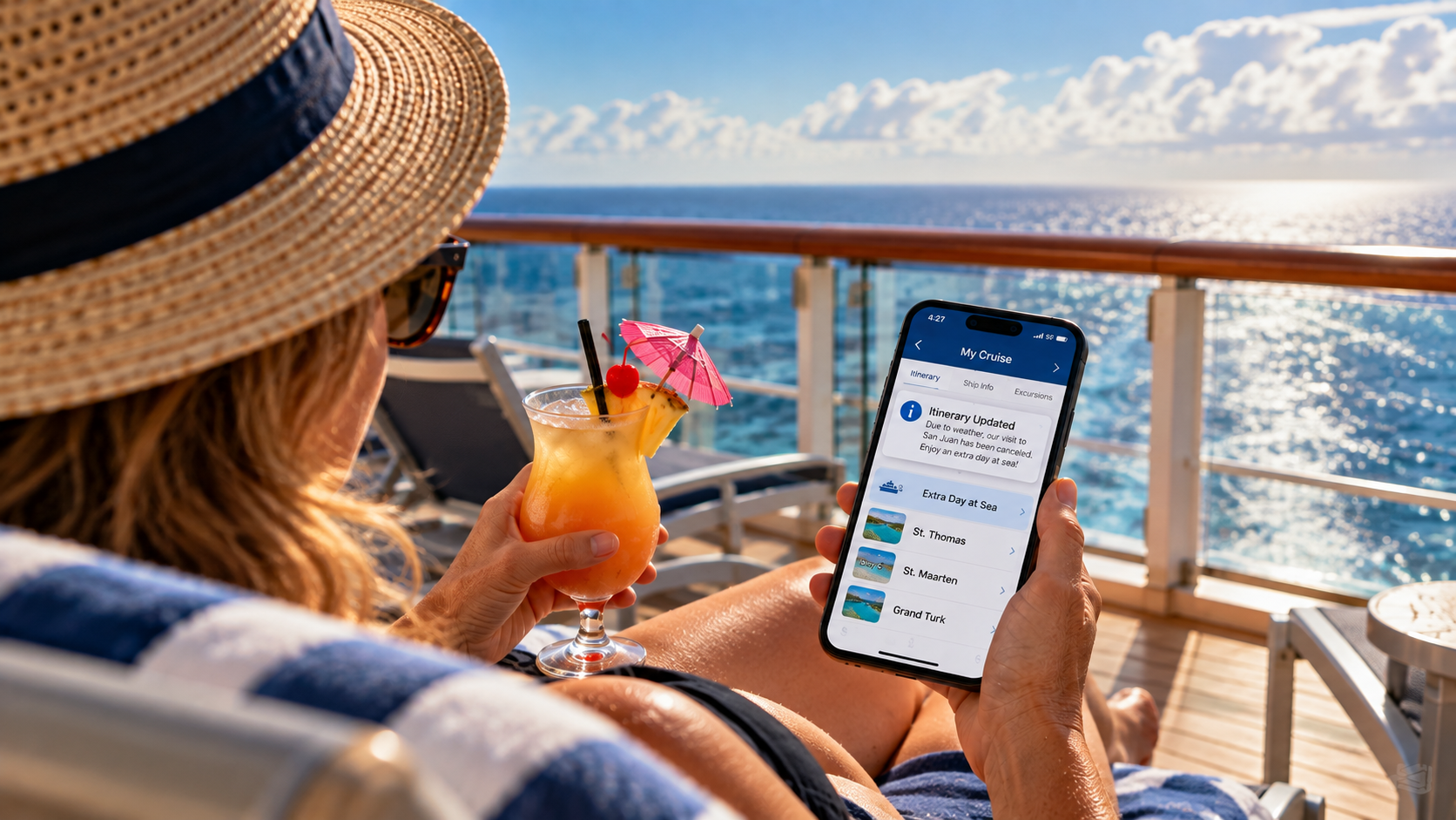 Cruise passenger holding a soft-serve ice cream cone and phone while a ship sails away from distant tropical weather during hurricane season.