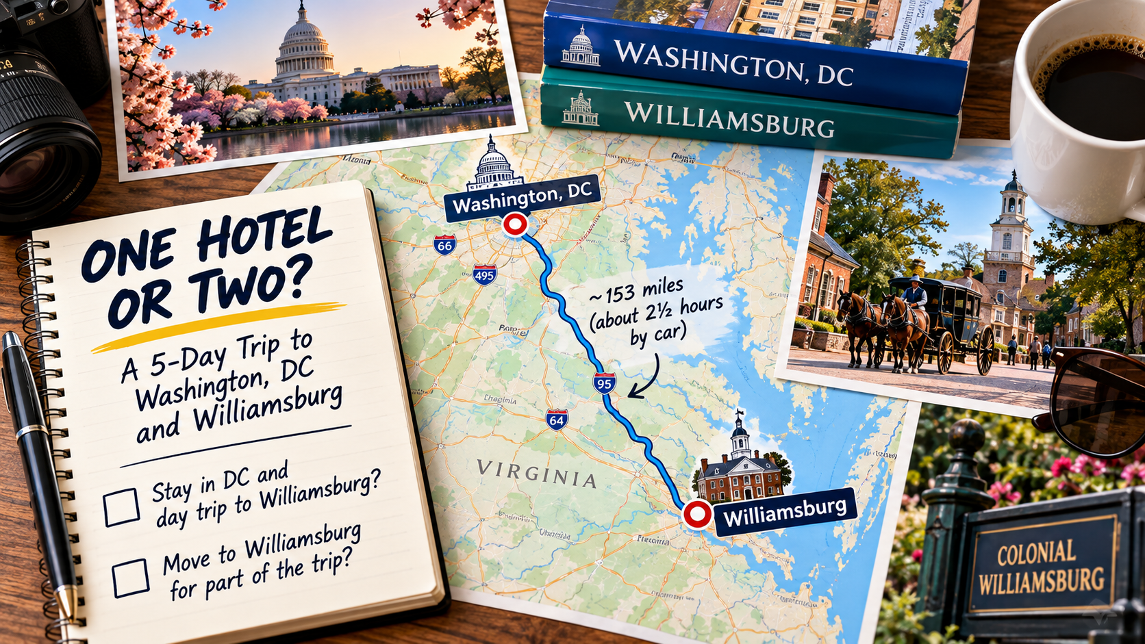 Travel planning map showing Washington, DC and Williamsburg, Virginia, with the choice between staying in one hotel and taking a day trip or splitting the trip between two hotels.