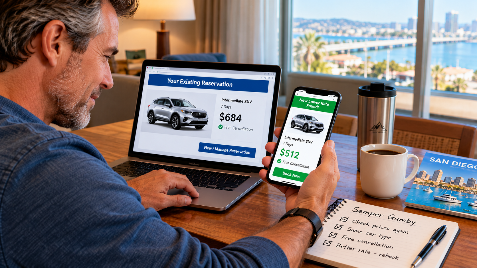 Traveler comparing an existing rental car reservation on a laptop with a lower available rate on a smartphone, illustrating the value of flexible booking terms.