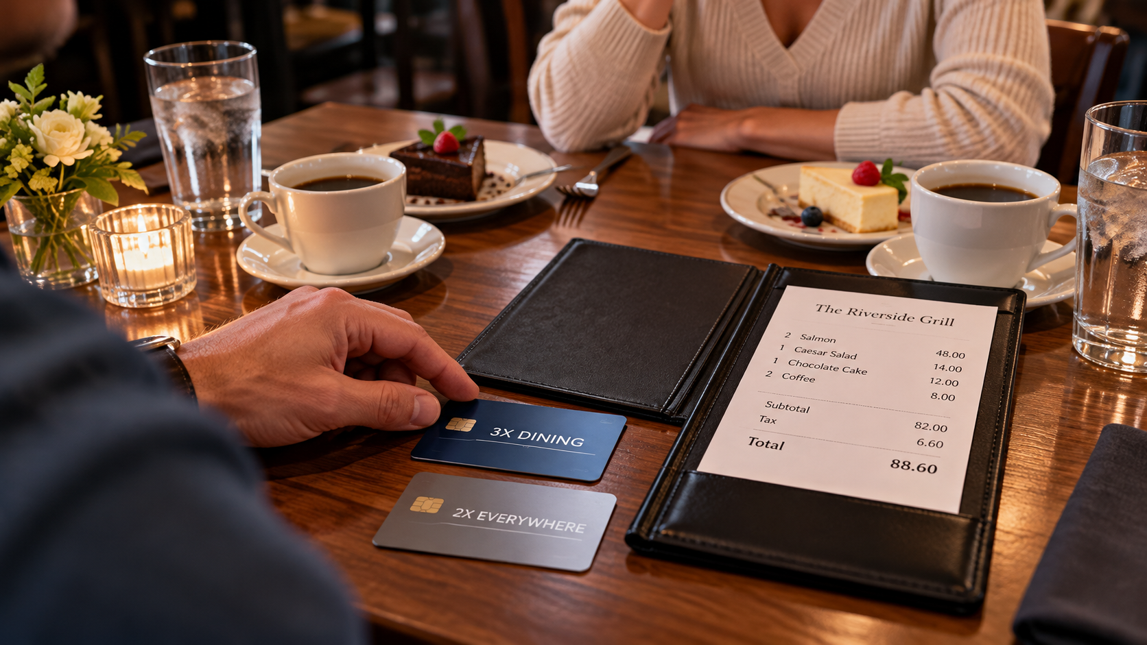 Couple finishing dessert and coffee at a casual restaurant, deciding between two rewards credit cards as they prepare to pay the bill.