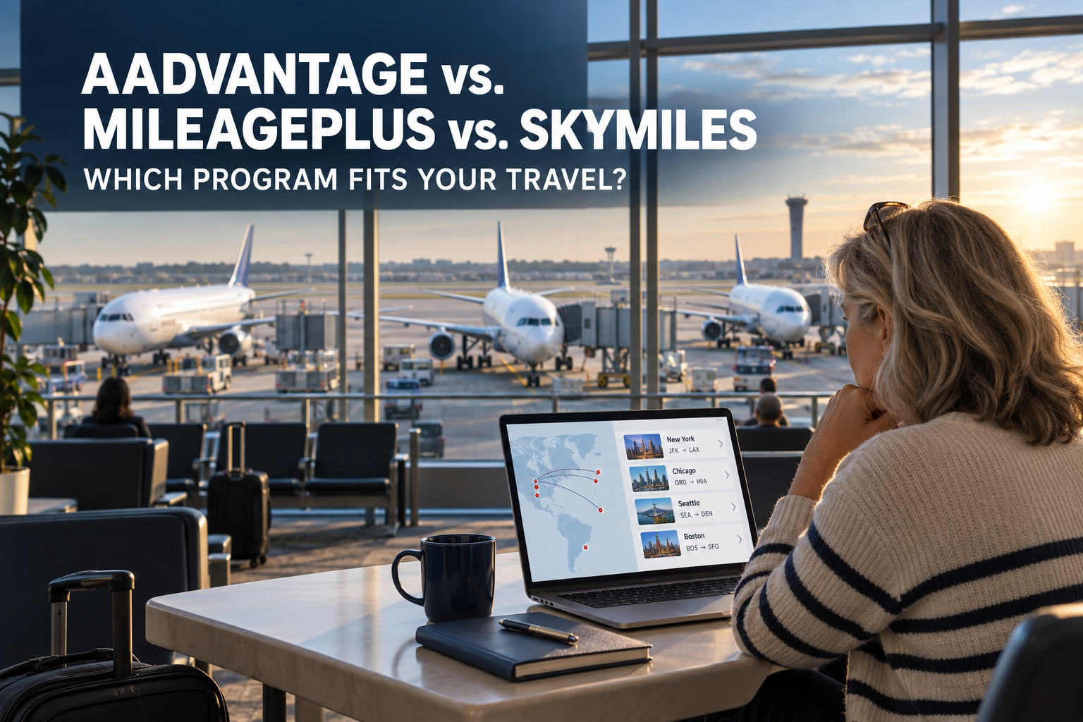 Traveler at an airport comparing AAdvantage, MileagePlus and SkyMiles while deciding which airline loyalty program best fits his routes and travel goals.