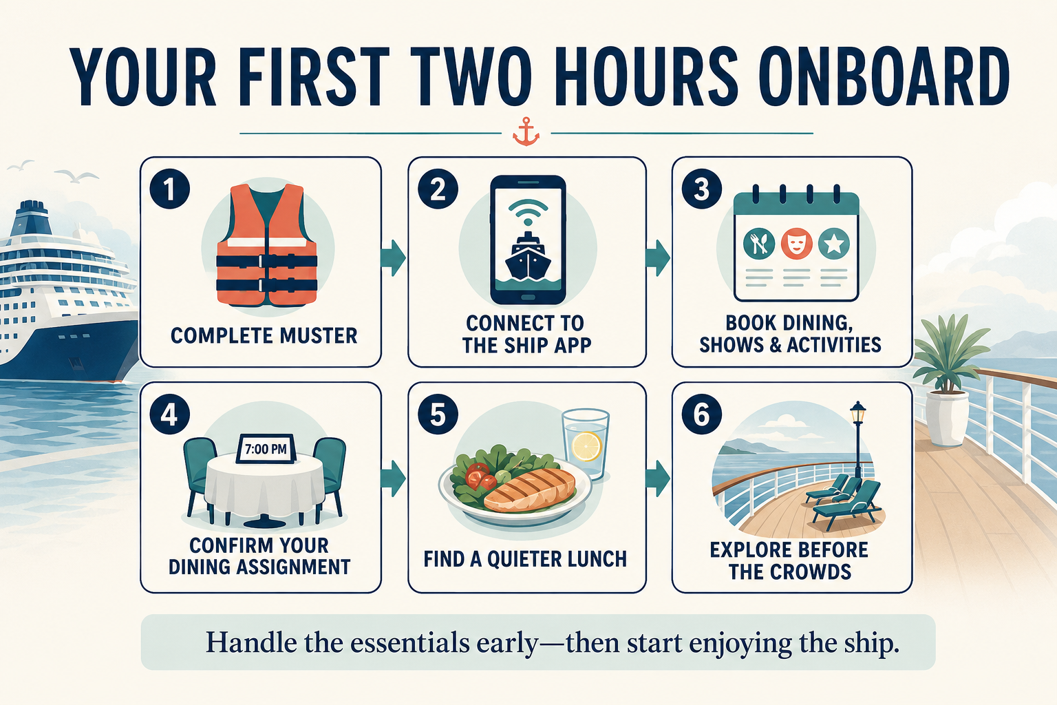 Cruise embarkation infographic showing six things to do during the first two hours onboard, from completing muster to exploring the ship.