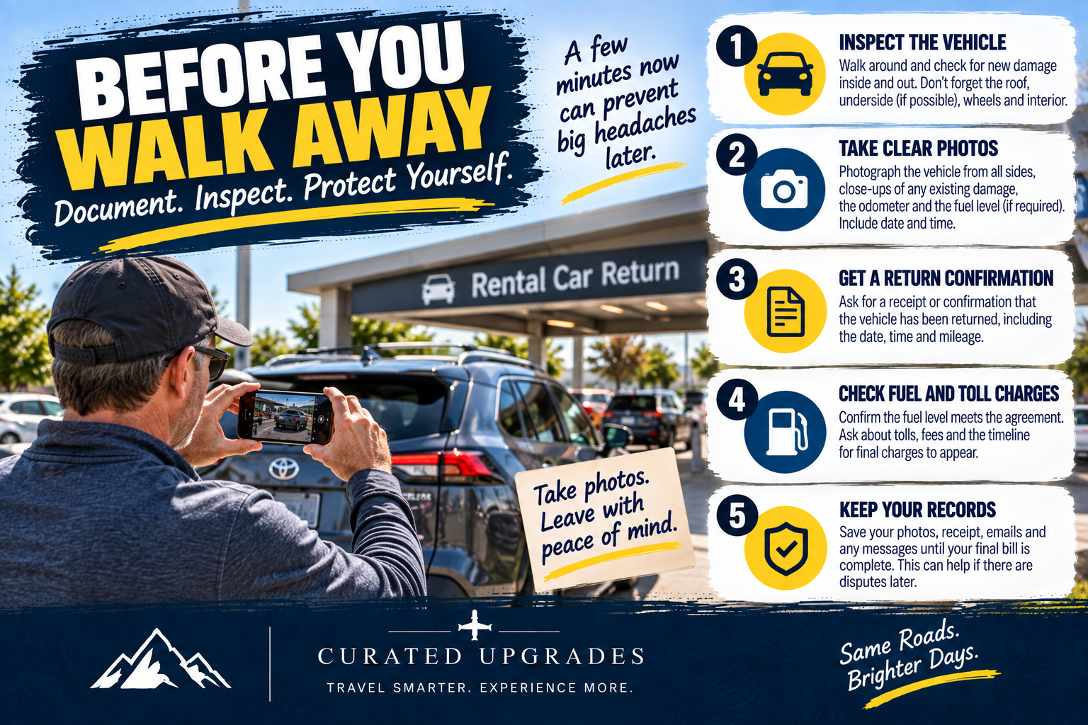 Rental car return checklist showing a traveler photographing the vehicle and reminders to inspect the car, take clear photos, obtain return confirmation, verify fuel and toll charges and keep records until the final bill is complete.