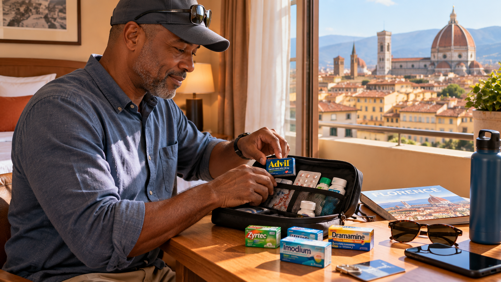 African American traveler organizing a compact pouch of over-the-counter medications in a Florence hotel room overlooking the city's historic skyline.