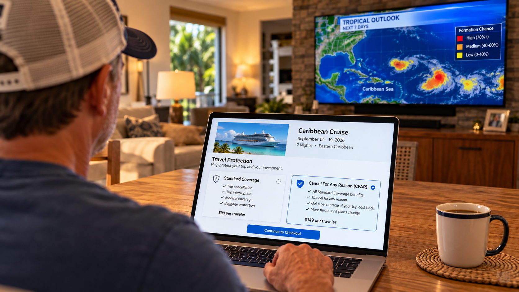 Traveler comparing standard travel insurance and Cancel For Any Reason coverage before a September Caribbean cruise.