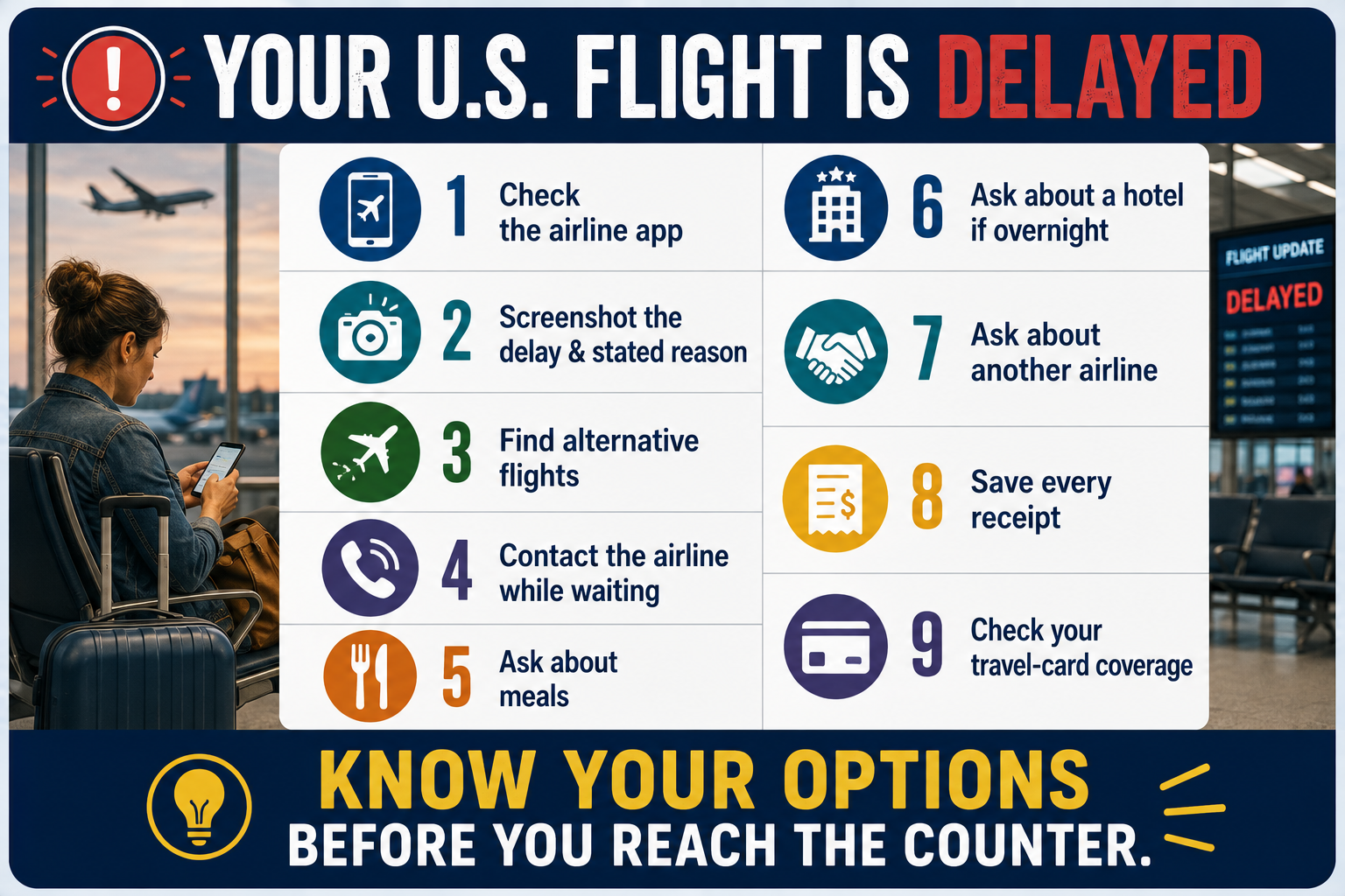 Nine steps to take during a U.S. flight delay, including checking the airline app, documenting the delay, finding alternative flights, asking about meals and hotels, saving receipts and checking travel-card coverage.