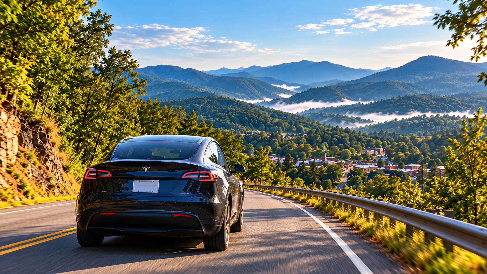Dark Tesla Model Y traveling along a winding mountain road through the scenic North Georgia countryside.