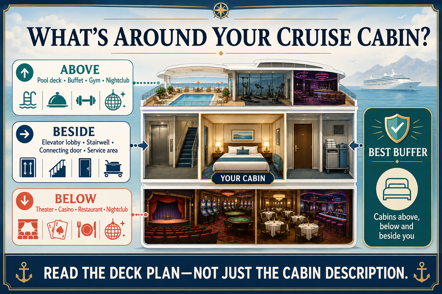 Cruise cabin cutaway showing potential noise sources above, below and beside a stateroom, with cabin-only decks identified as a useful noise buffer.