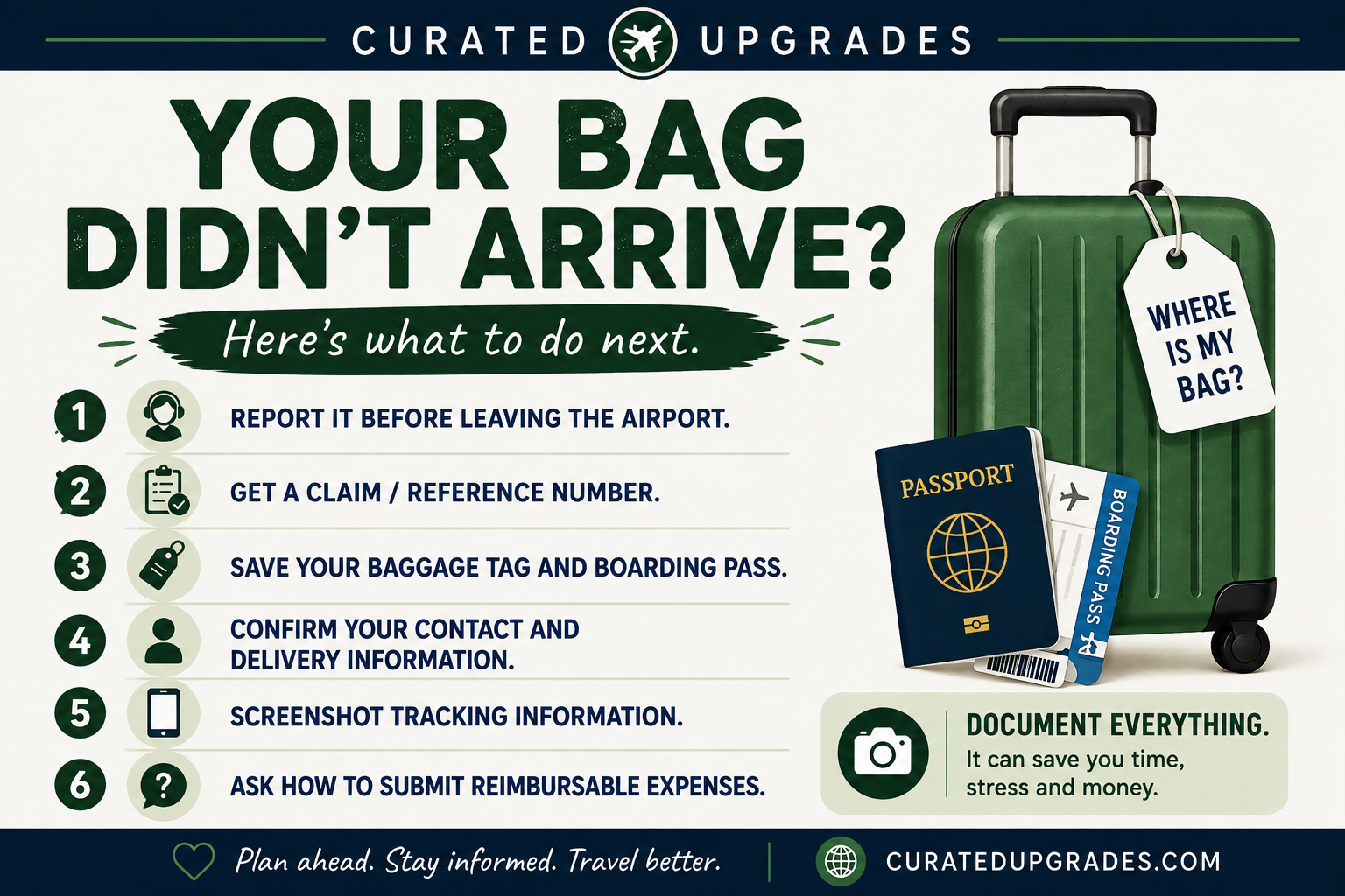 graphic showing the first six steps to take when your luggage doesn't arrive