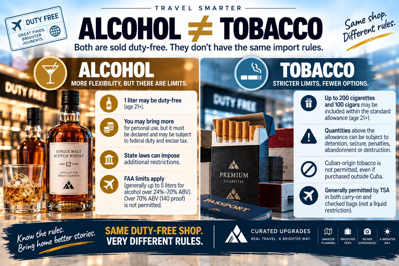 Duty-free infographic comparing U.S. alcohol and tobacco import rules, showing the alcohol duty-free allowance and stricter quantity limits for cigarettes and cigars.