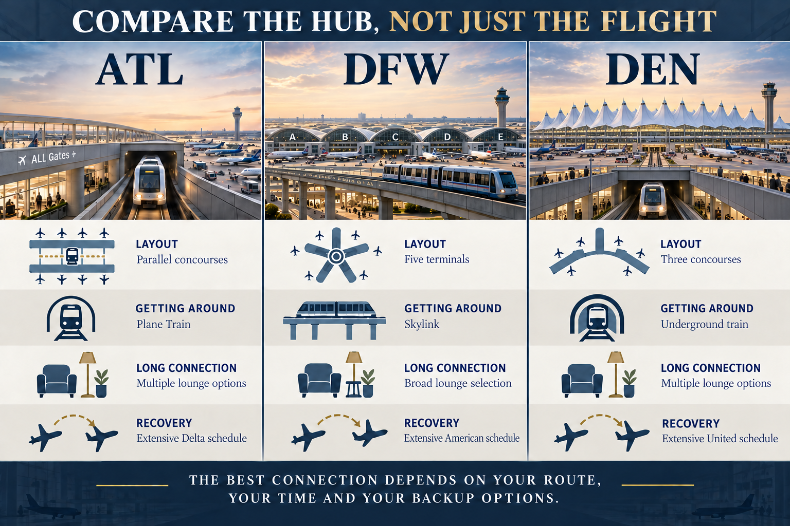 Comparison of Atlanta, Dallas–Fort Worth and Denver airports, including terminal transportation, lounge availability and their roles as major hubs for Delta, American and United.