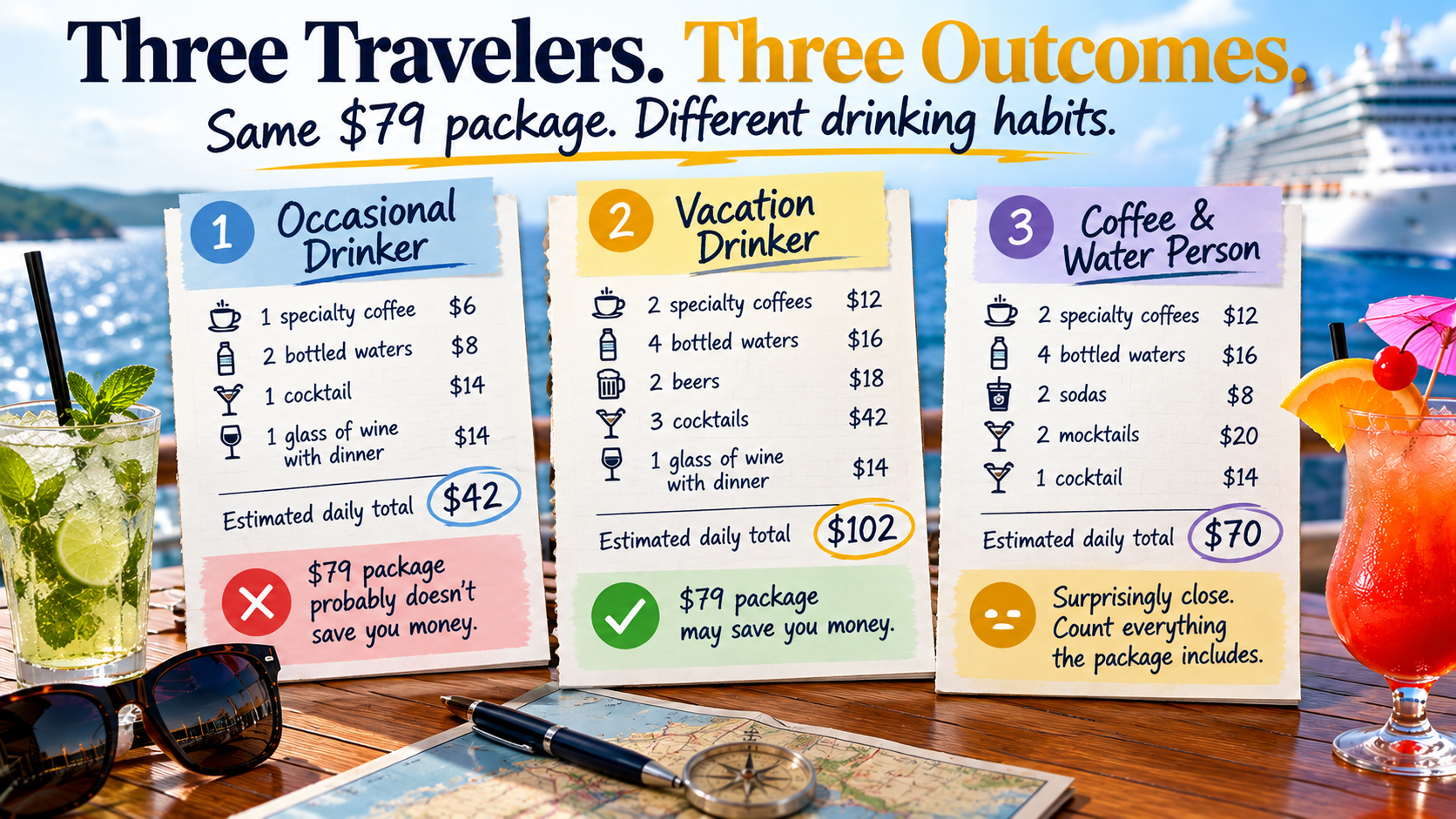 Three cruise drink package examples comparing an occasional drinker, vacation drinker and traveler who primarily buys coffee, water and nonalcoholic beverages.