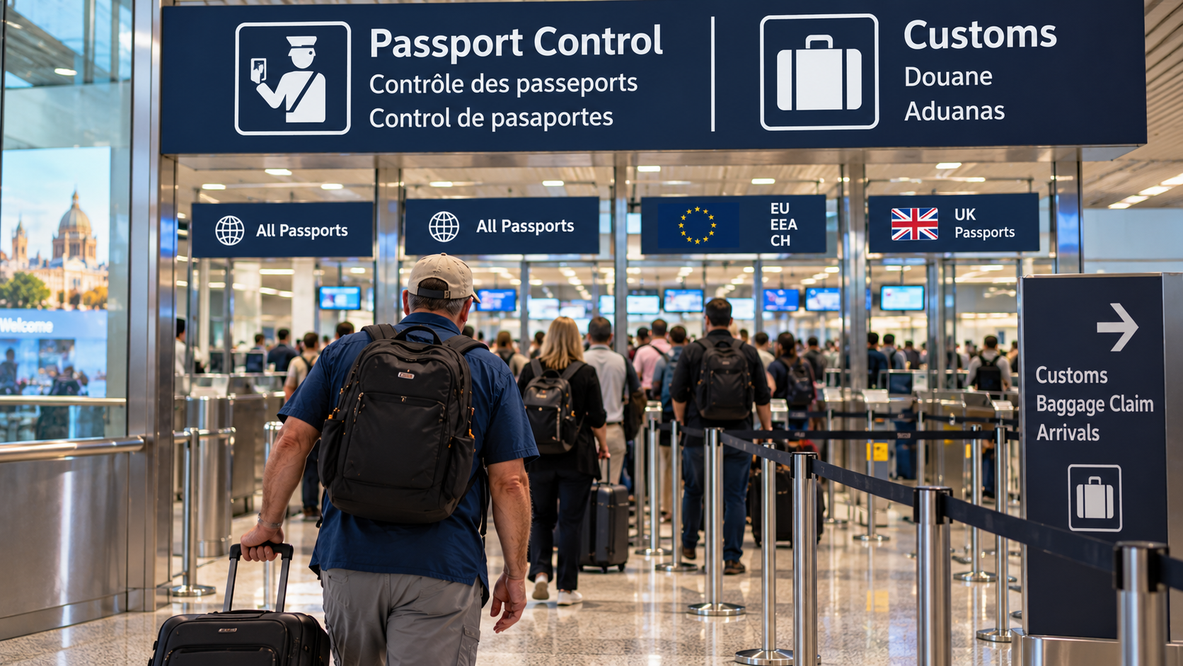International traveler with luggage approaching passport control and customs after arriving in another country.
