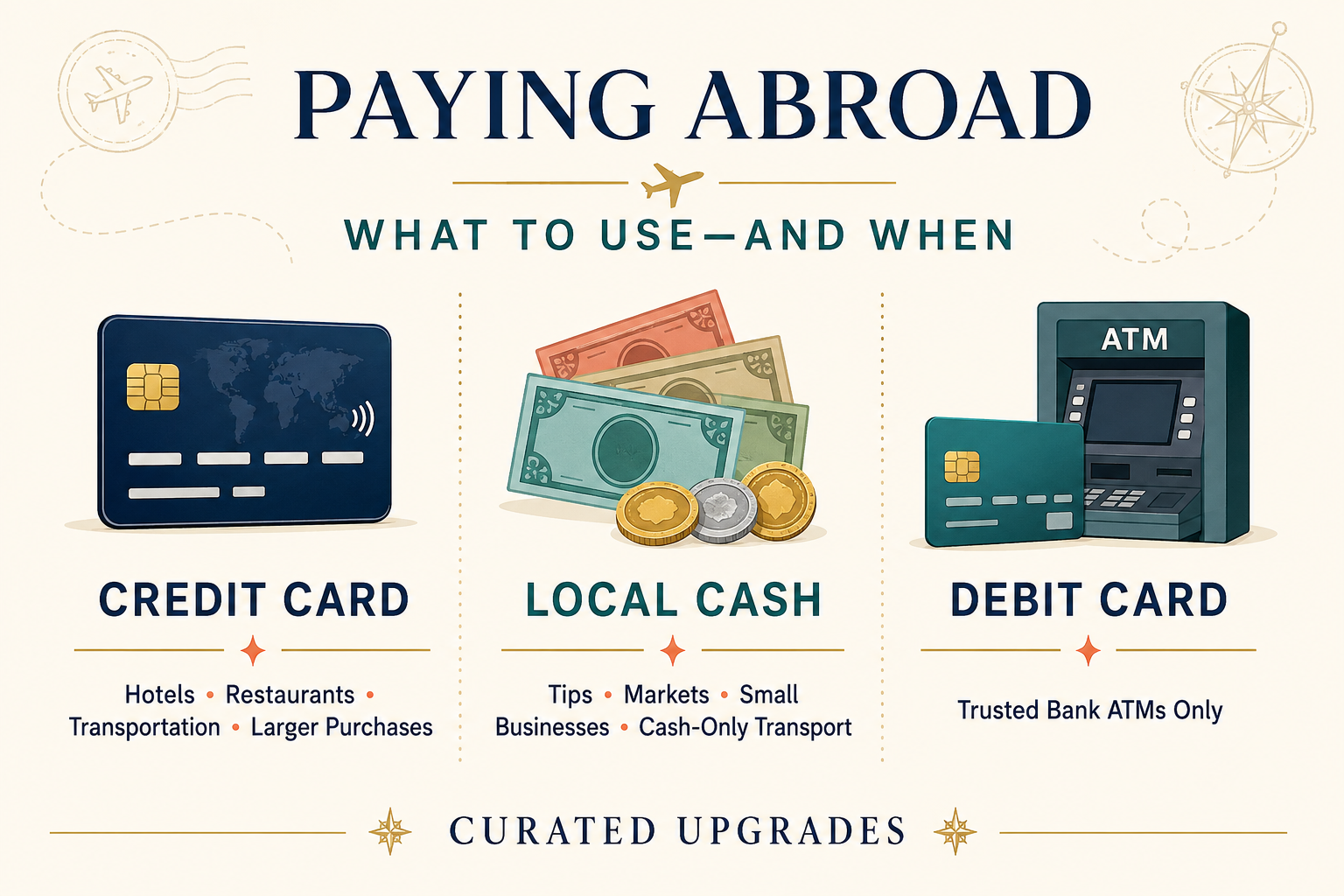 Guide showing travelers when to use a credit card, local cash or a debit card while abroad
