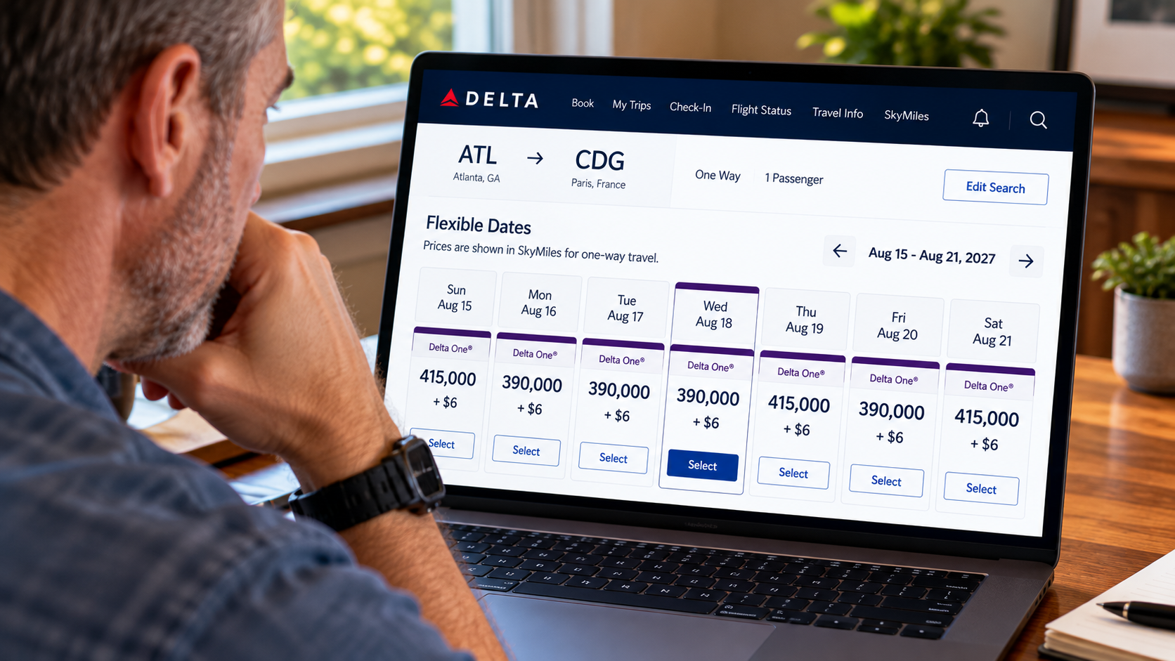 Delta flexible award calendar showing Delta One flights from Atlanta to Paris priced between 390,000 and 415,000 SkyMiles across a week of dates.