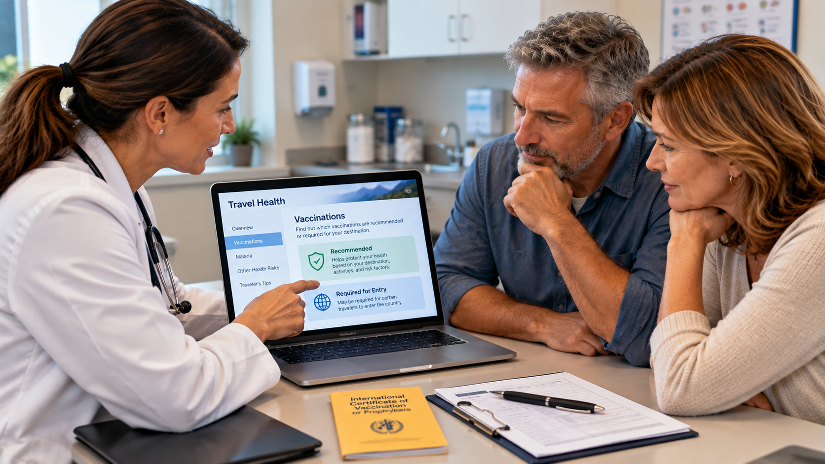 Alt text: A couple discusses international travel vaccinations with a healthcare professional in a medical office, reviewing vaccination information on a laptop before their trip.