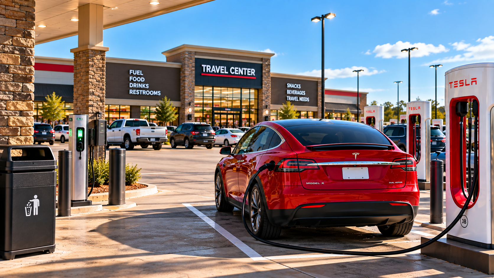 Red Tesla Model X charging at a modern interstate travel center with food, drinks, restrooms and other road-trip amenities nearby.