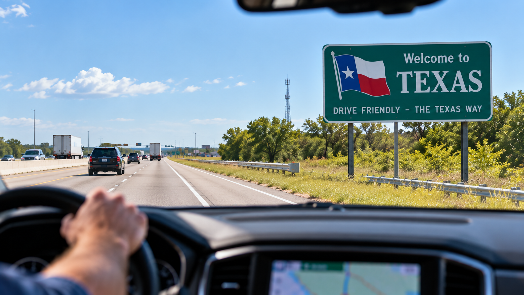 Road traveler crossing a state line into Texas, illustrating how cannabis laws can change during a road trip.