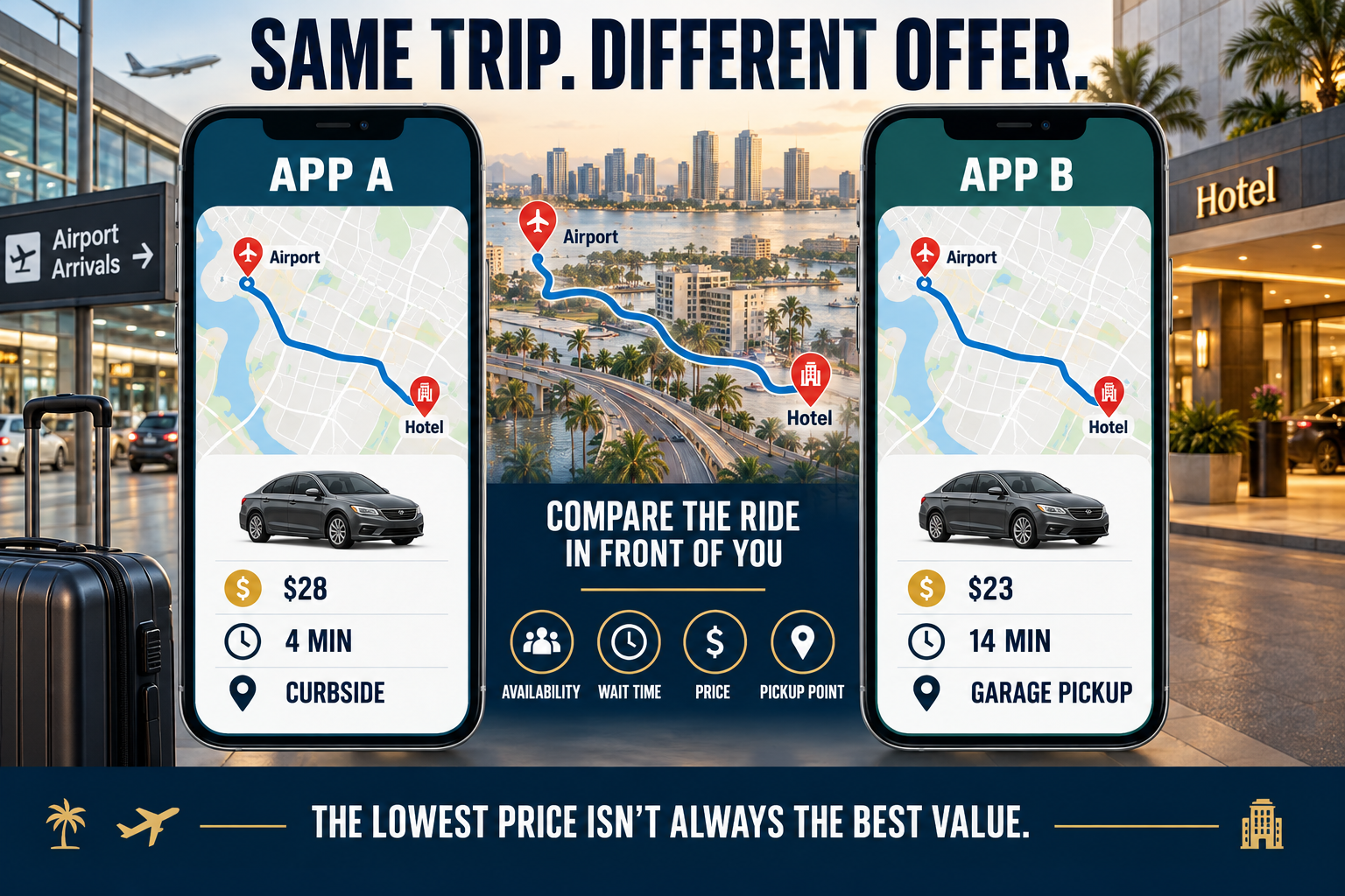 Two rideshare apps showing different offers for the same airport-to-hotel trip, comparing availability, wait time, price and pickup location.