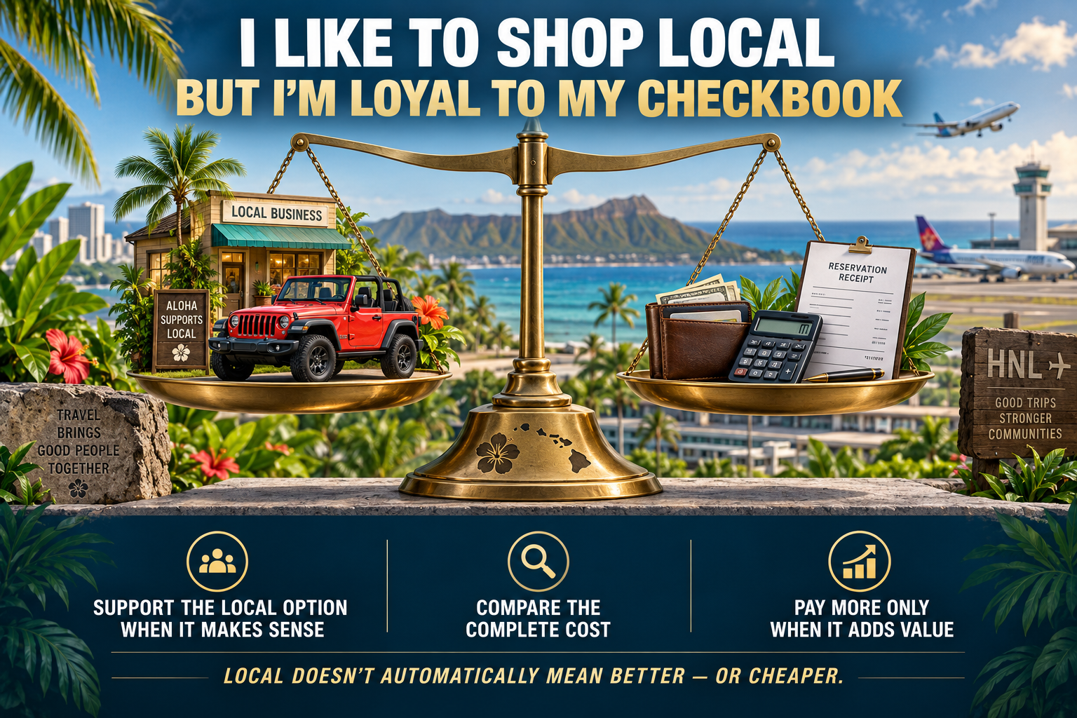 Balance scale comparing a local car-sharing host and red Jeep with a wallet, calculator and reservation total, illustrating the choice between supporting local and receiving the best overall value.