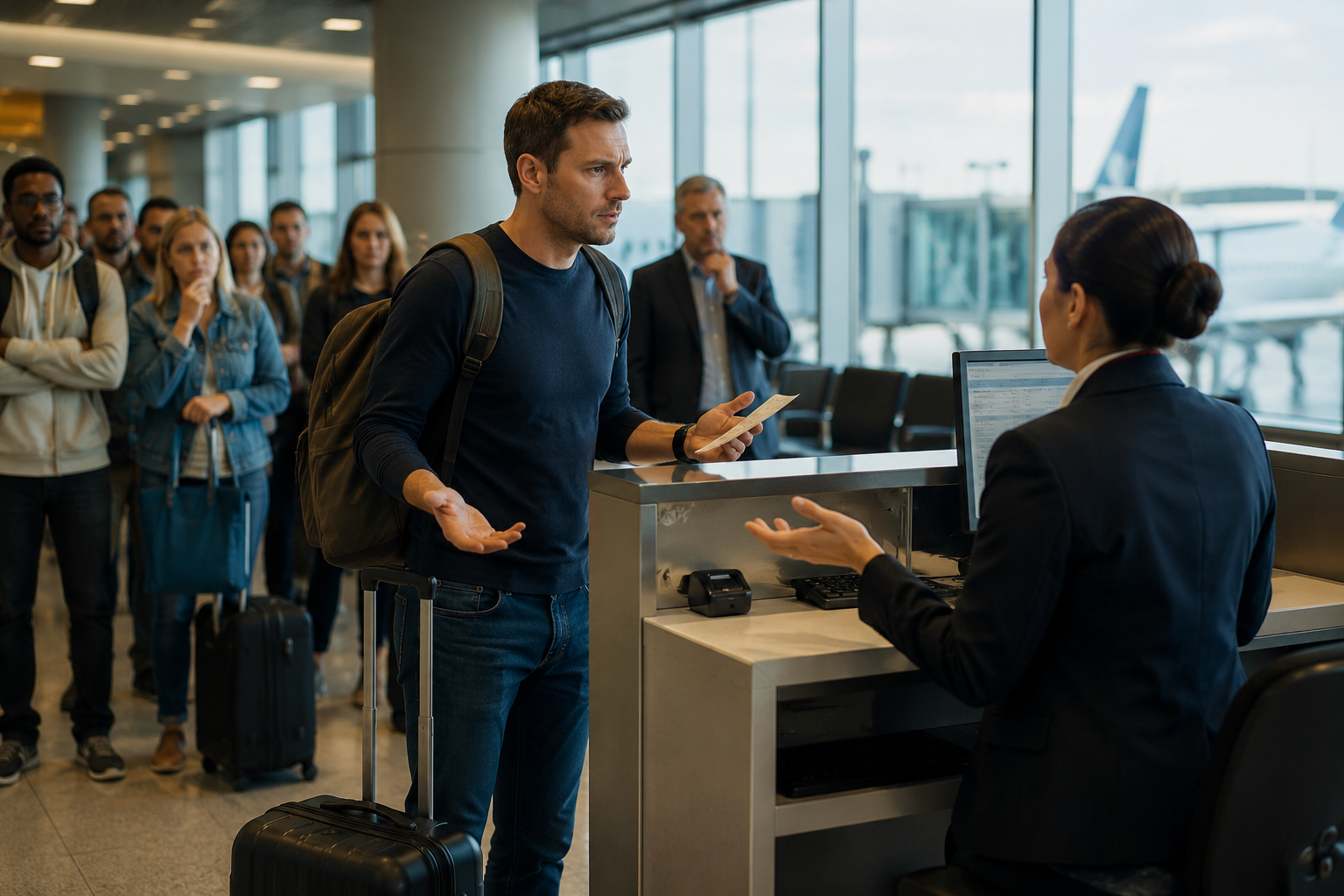 Traveler with carry-on luggage speaking with a gate agent after being denied boarding from an oversold flight.