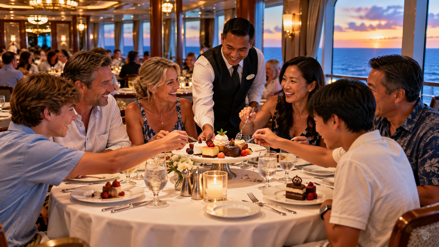 Two families with teenage sons enjoying dinner together in a cruise ship main dining room, sharing desserts and conversation with attentive service and ocean views.