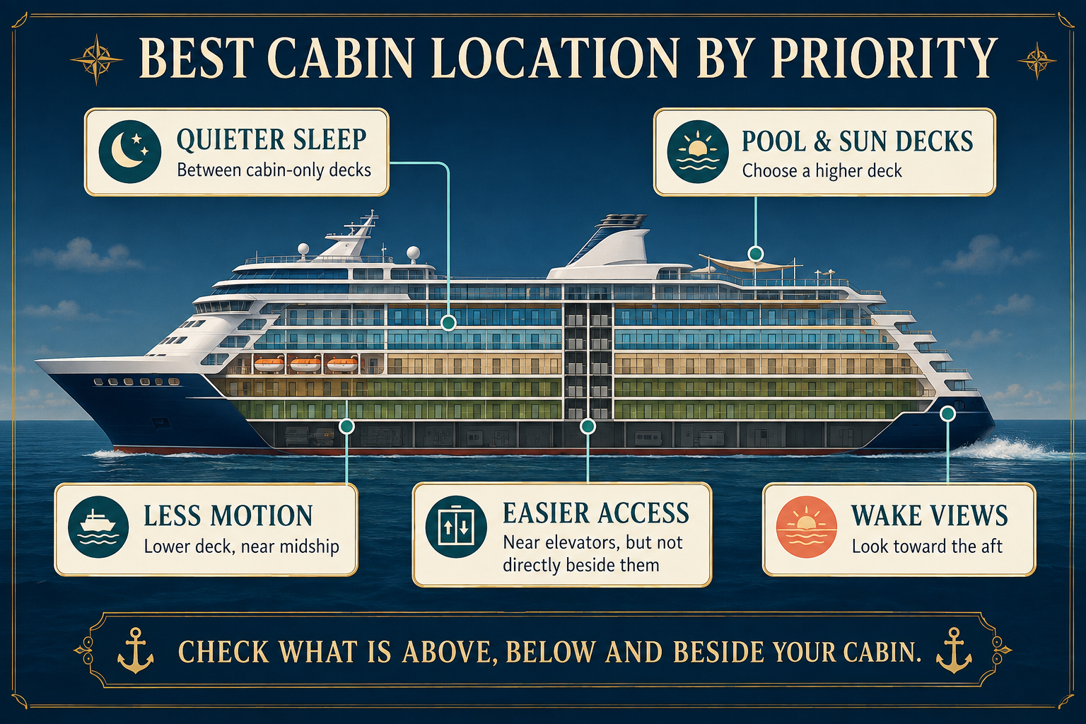 Cruise ship diagram showing suggested cabin locations for less motion, quieter sleep, elevator access, proximity to upper decks and aft wake views.