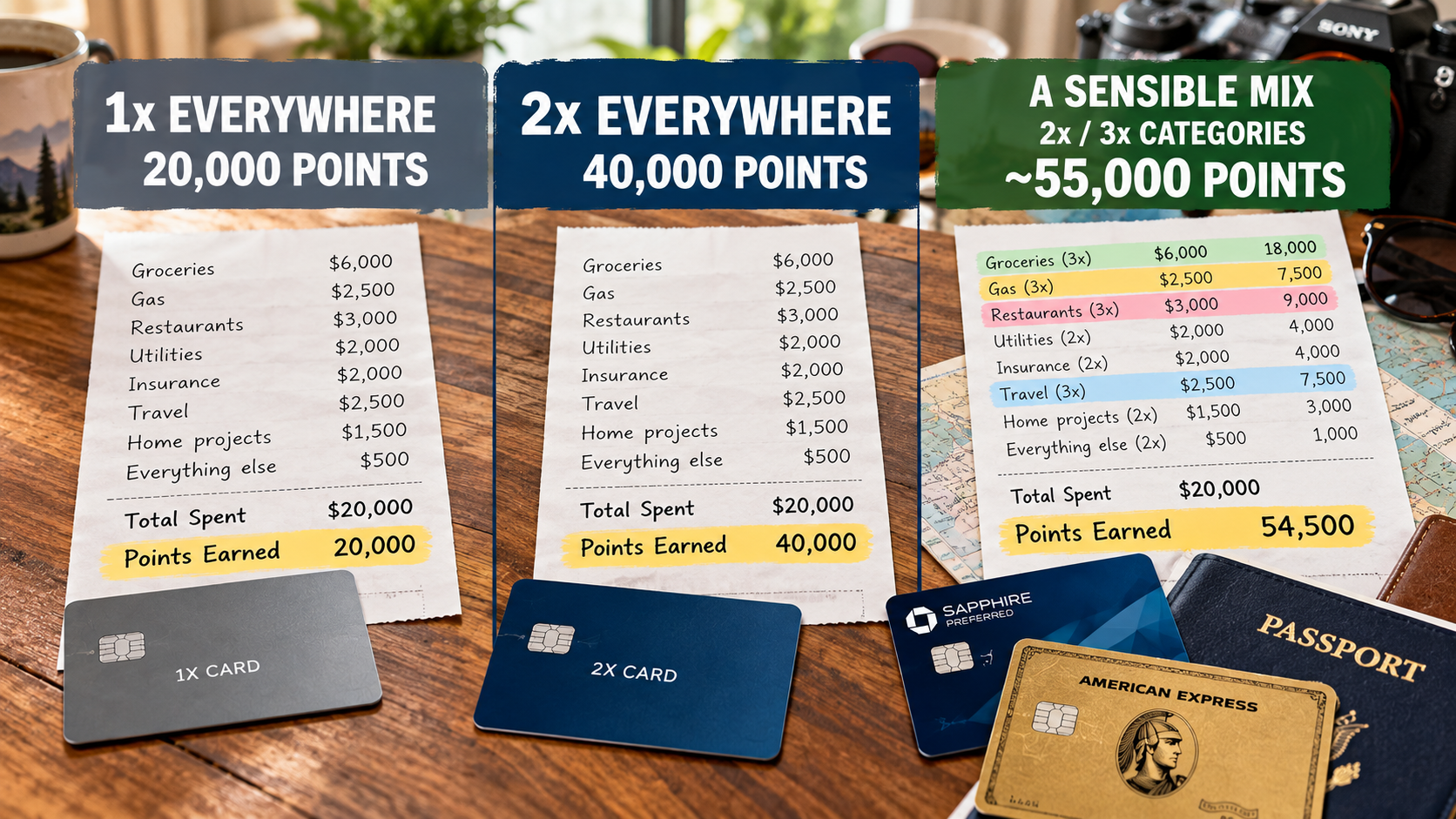Comparison showing how the same $20,000 of annual spending could earn 20,000 points at 1x, 40,000 points at 2x, or roughly 55,000 points using a sensible mix of 2x and 3x reward categories.