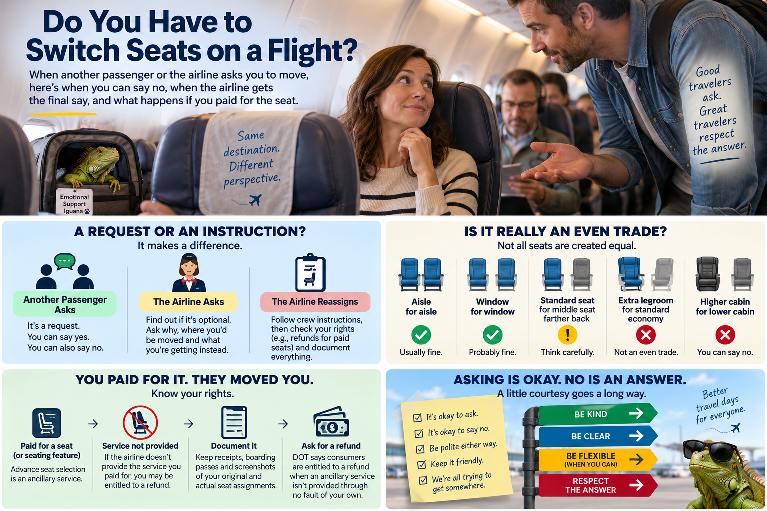 Passenger being asked to switch airplane seats while another traveler considers the request and an emotional-support iguana occupies the window seat.