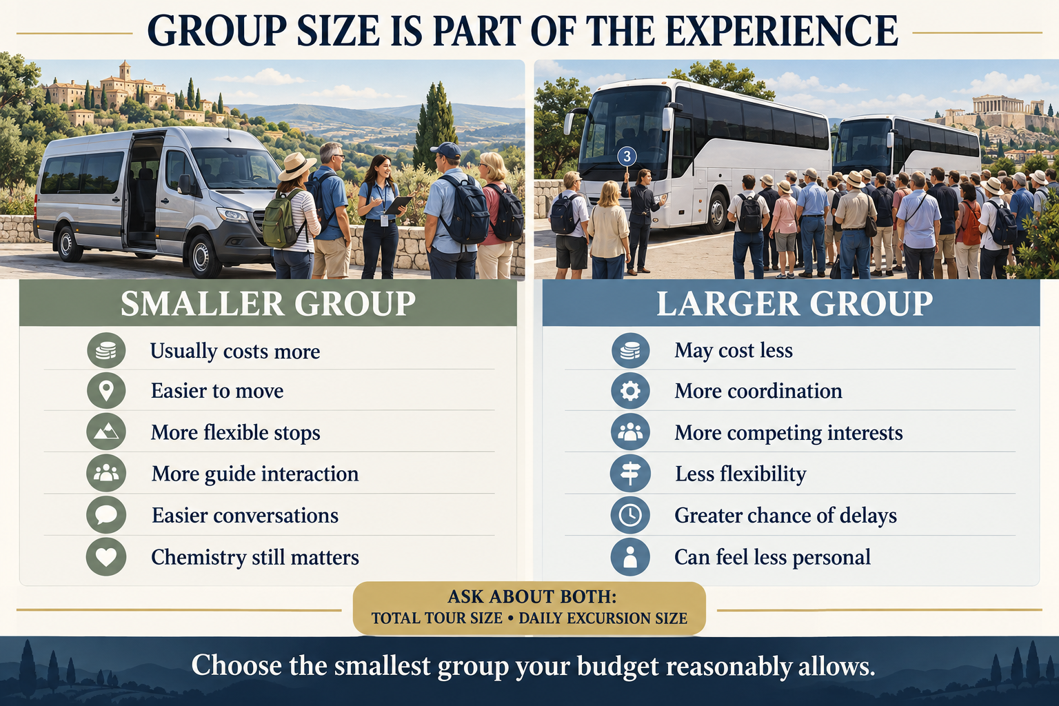 Comparison of smaller and larger tour groups, including differences in cost, flexibility, coordination, guide interaction and personal connection.